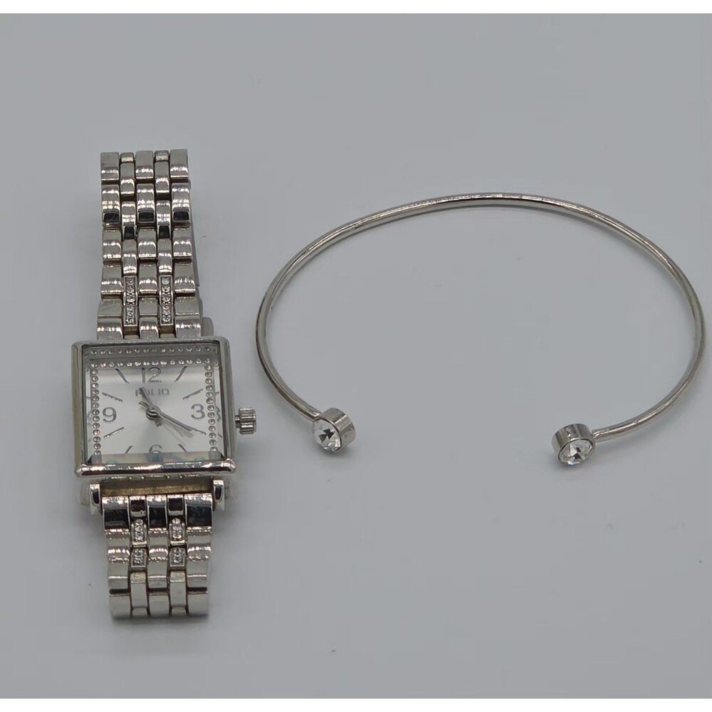 FOLIO Women's Silver Tone Tank Watch Set – Rhinestone Rectangular Dial & Cuff - Picture 4 of 4